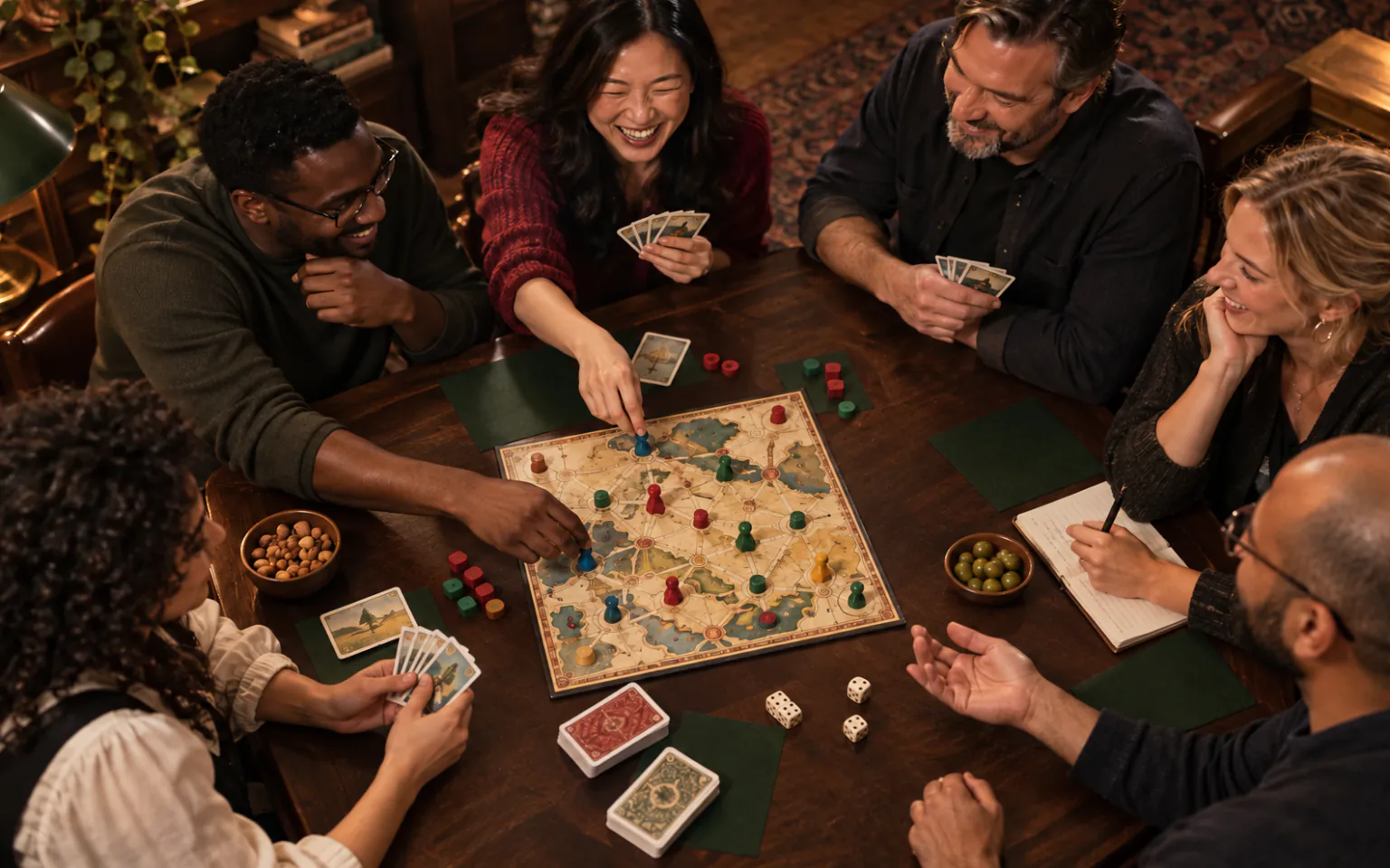 A group of friends smiling and playing cards and a board game around a table